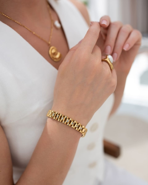 Złota bransoletka z cyrkoniami ze stali