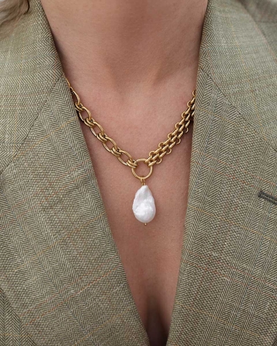 Złoty naszyjnik łańcuch z perłą barokową ze stali chirurgicznej premium