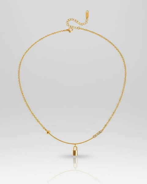 Złoty naszyjnik z kłódką i cyrkoniami ze stali basic