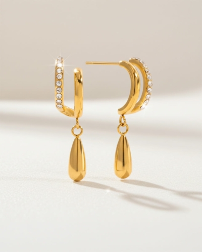 Złote kolczyki wiszące łezki z cyrkoniami ze stali chirurgicznej premium