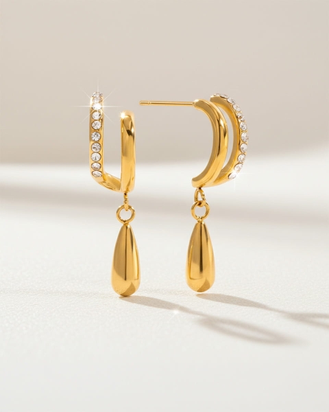 Złote kolczyki wiszące łezki z cyrkoniami ze stali chirurgicznej premium