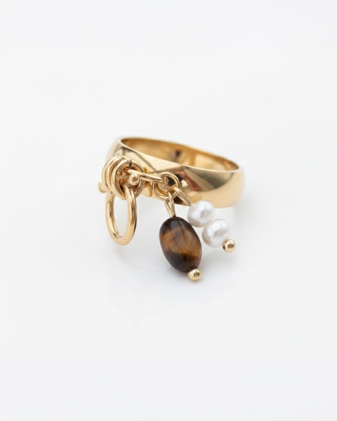 Złoty pierścionek z perłą słodkowodną i tygrysim okiem pinterest
